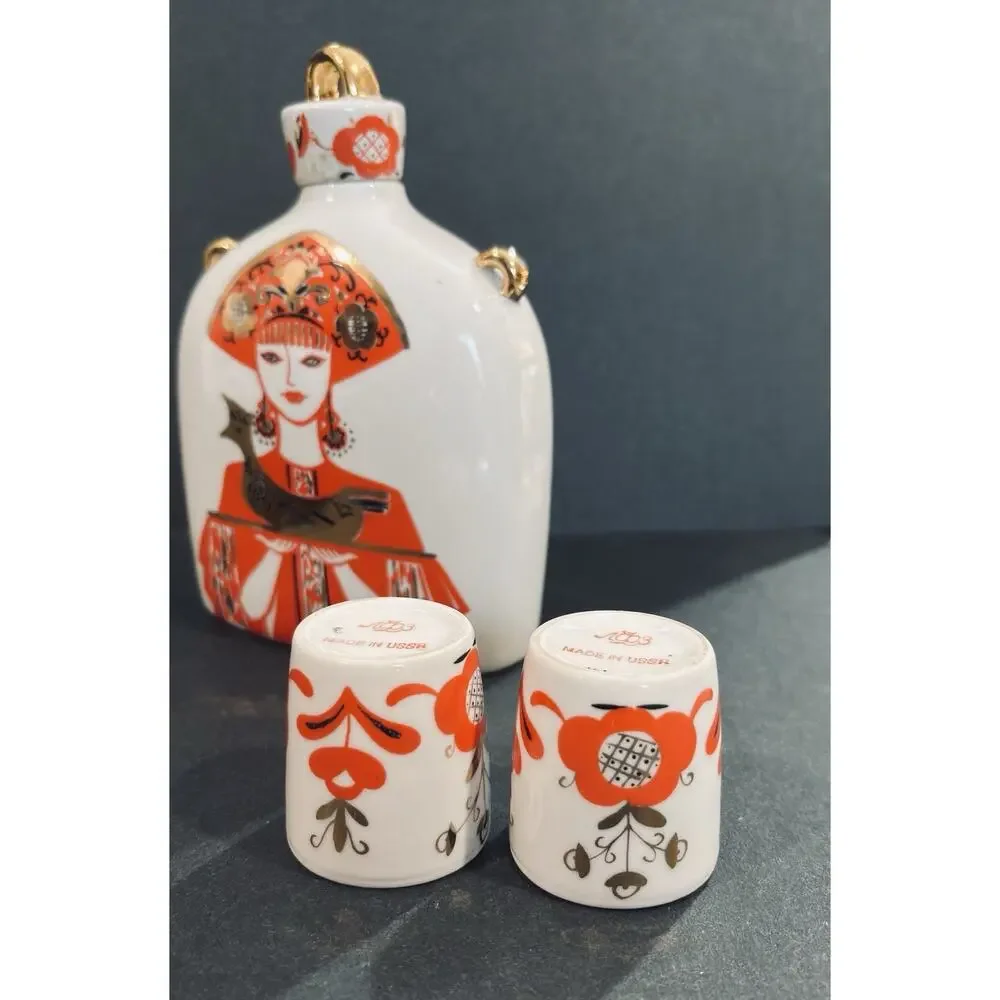 ￼ Vintage USSR Russian Porcelain Decanter Set Woman Holding Bird Rooster 2 Cups